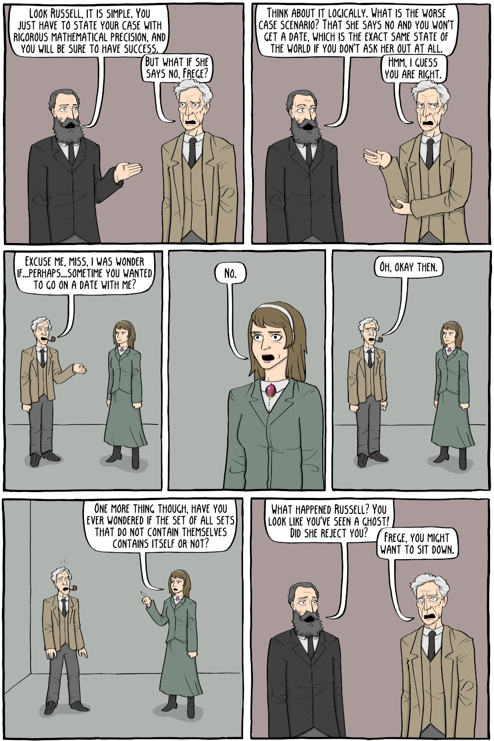 Frege: "Look Russell, it is simple. You just have to state your case with rigorous mathematical precision, and you will be sure to have success. "
Russell: "But what if she says no, Frege?"

Frege: "Think about it logically. What is the worse case scenario? That she says no and you won't get a date, which is the exact same state of the world if you don't ask her out at all."
Russell: "Hmm, i guess you are right."

Russell: "Excuse me, miss, i was wonder if...perhaps...sometime you wanted to go on a date with me?"

Woman: "No."
Rusell: "Oh, okay then."

WomanN: "One more thing though, have you ever wondered if the set of all sets that do not contain themselves contains itself or not?"

Frege: "What happened Russell? You look like you've seen a ghost! Did she reject you?"
Russell: "Frege, you might want to sit down."

